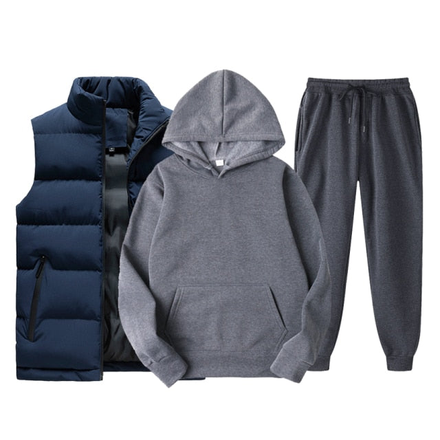 Men Vest + Hoodies + Pants 3 Piece Tracksuit Set