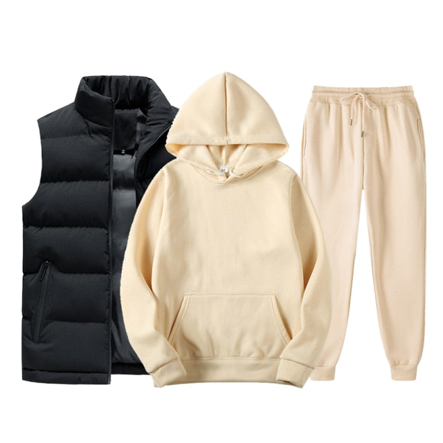 Men Vest + Hoodies + Pants 3 Piece Tracksuit Set