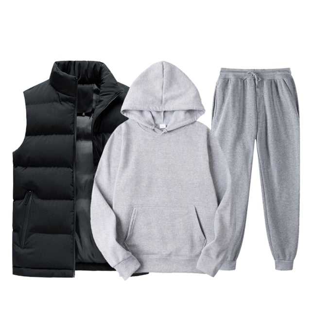 Men Vest + Hoodies + Pants 3 Piece Tracksuit Set