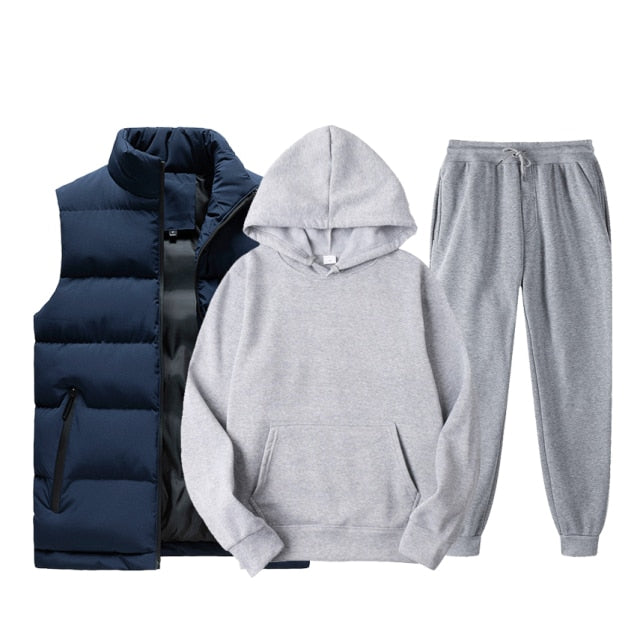 Men Vest + Hoodies + Pants 3 Piece Tracksuit Set