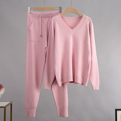 New Loose V Neck Sweater 2 Pieces Female Outfit