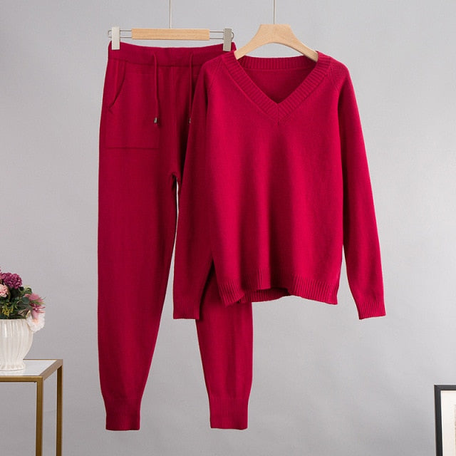 New Loose V Neck Sweater 2 Pieces Female Outfit